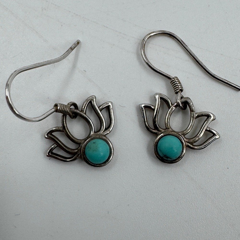 Vintage Sterling Silver‎ Lotus Flower Earrings Womens Turquoise S925 Drop